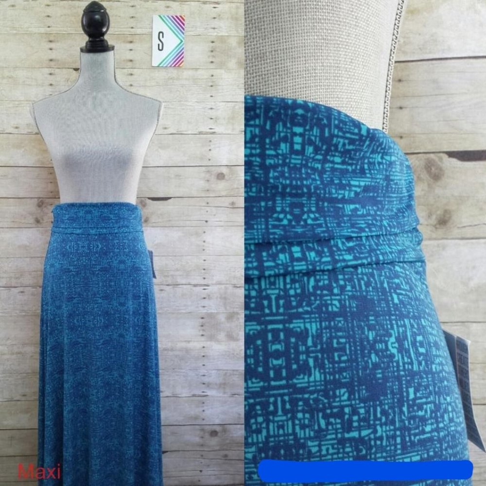NWT LuLaRoe Maxi Skirt/Dress Small - Blue on Blue Graphic Print